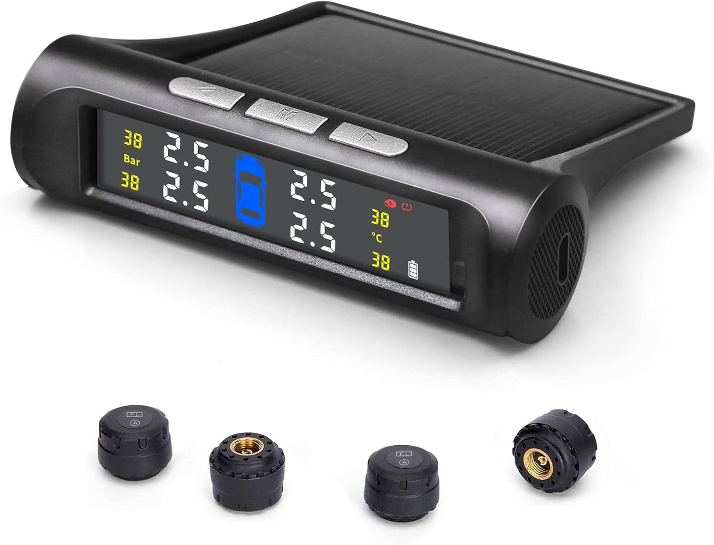 3T6B Wireless TPMS Tire Pressure Monitoring System 5 Alarm Modes, Solar Power and USB Charge with Auto Sleep Mode, LCD Display, 4 TPMS Sensors, Real Time Pressure and Temperature（0~50.75 PSI）