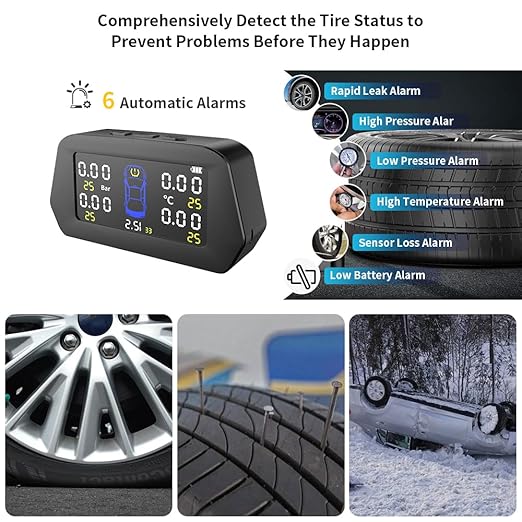 Upgrade Smart TPMS 0.01Bar Accuracy Tyre Pressure Monitoring System Solar Charging 7-Alarm Modes Auto Sleep/Work Tire Position Exchange 5-Built in Sensors (0-116PSI)