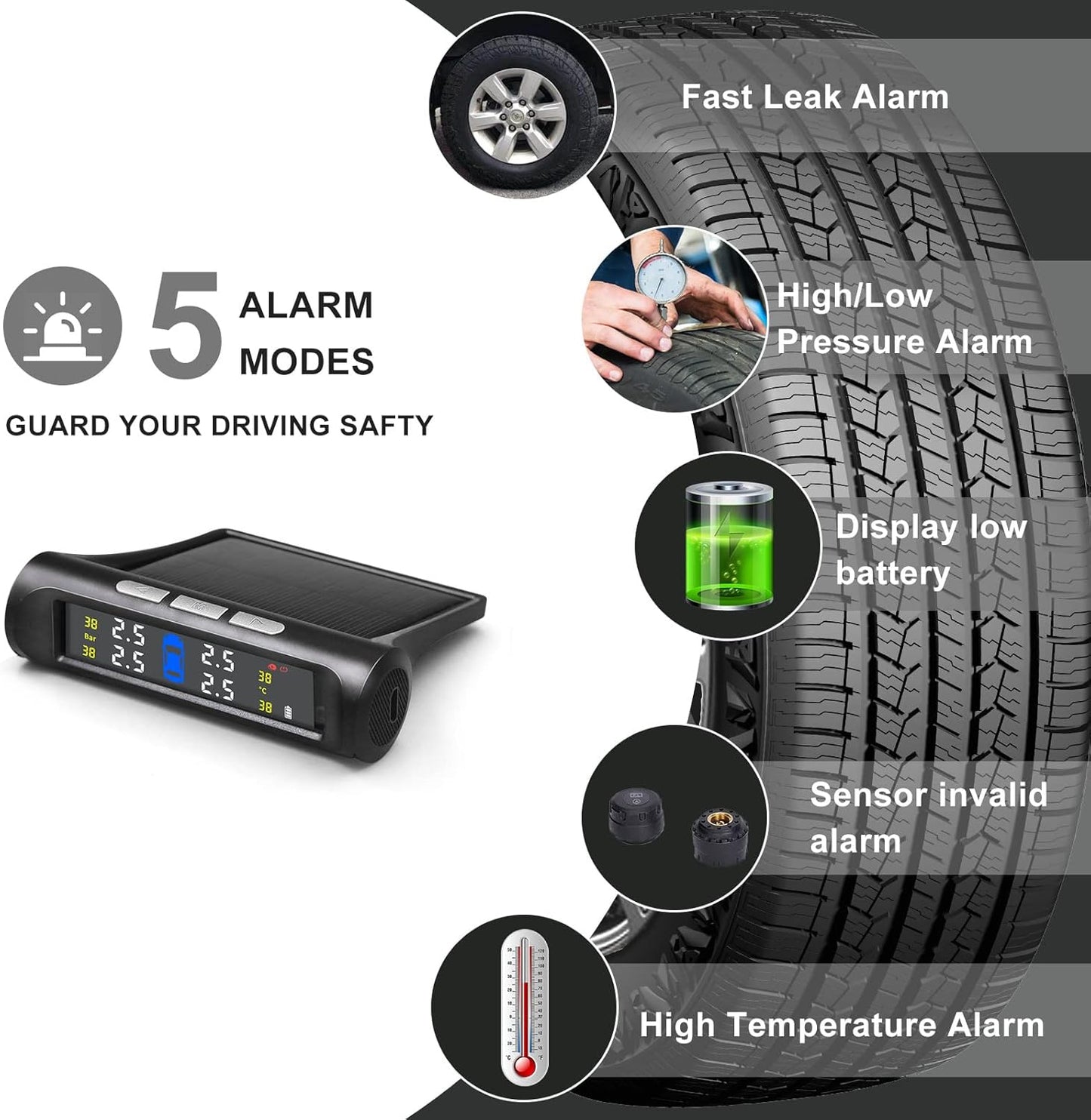 3T6B Wireless TPMS Tire Pressure Monitoring System 5 Alarm Modes, Solar Power and USB Charge with Auto Sleep Mode, LCD Display, 4 TPMS Sensors, Real Time Pressure and Temperature（0~50.75 PSI）