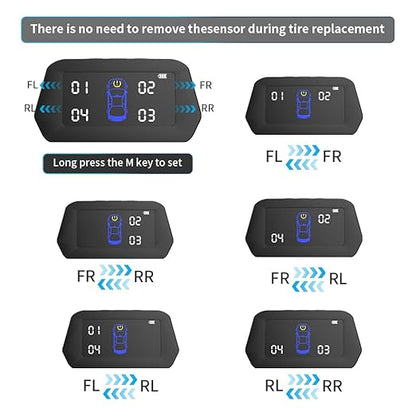 Upgrade Smart TPMS 0.01Bar Accuracy Tyre Pressure Monitoring System Solar Charging 7-Alarm Modes Auto Sleep/Work Tire Position Exchange 5-Built in Sensors (0-116PSI)