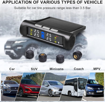 3T6B Wireless TPMS Tire Pressure Monitoring System 5 Alarm Modes, Solar Power and USB Charge with Auto Sleep Mode, LCD Display, 4 TPMS Sensors, Real Time Pressure and Temperature（0~50.75 PSI）