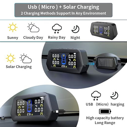 Upgrade Smart TPMS 0.01Bar Accuracy Tyre Pressure Monitoring System Solar Charging 7-Alarm Modes Auto Sleep/Work Tire Position Exchange 5-Built in Sensors (0-116PSI)