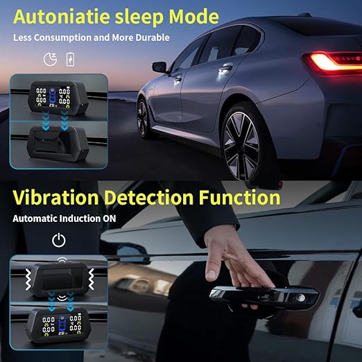 Upgrade Smart TPMS 0.01Bar Accuracy Tyre Pressure Monitoring System Solar Charging 7-Alarm Modes Auto Sleep/Work Tire Position Exchange 5-Built in Sensors (0-116PSI)